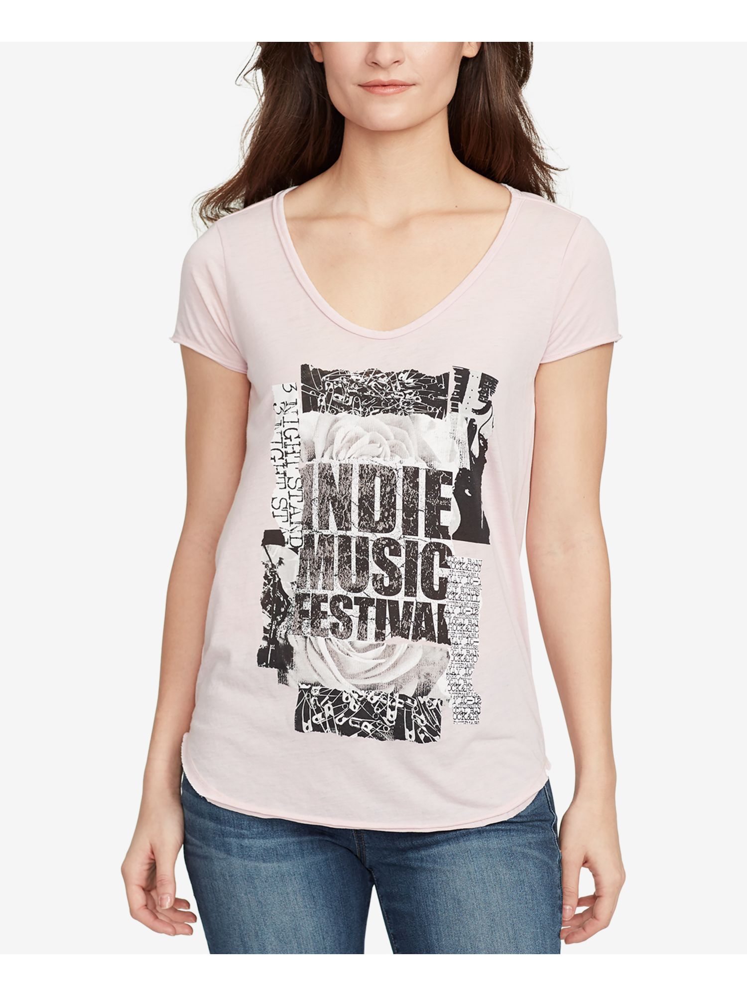 Womens Pink Cutout Graphic Short Sleeve V Neck T-Shirt M